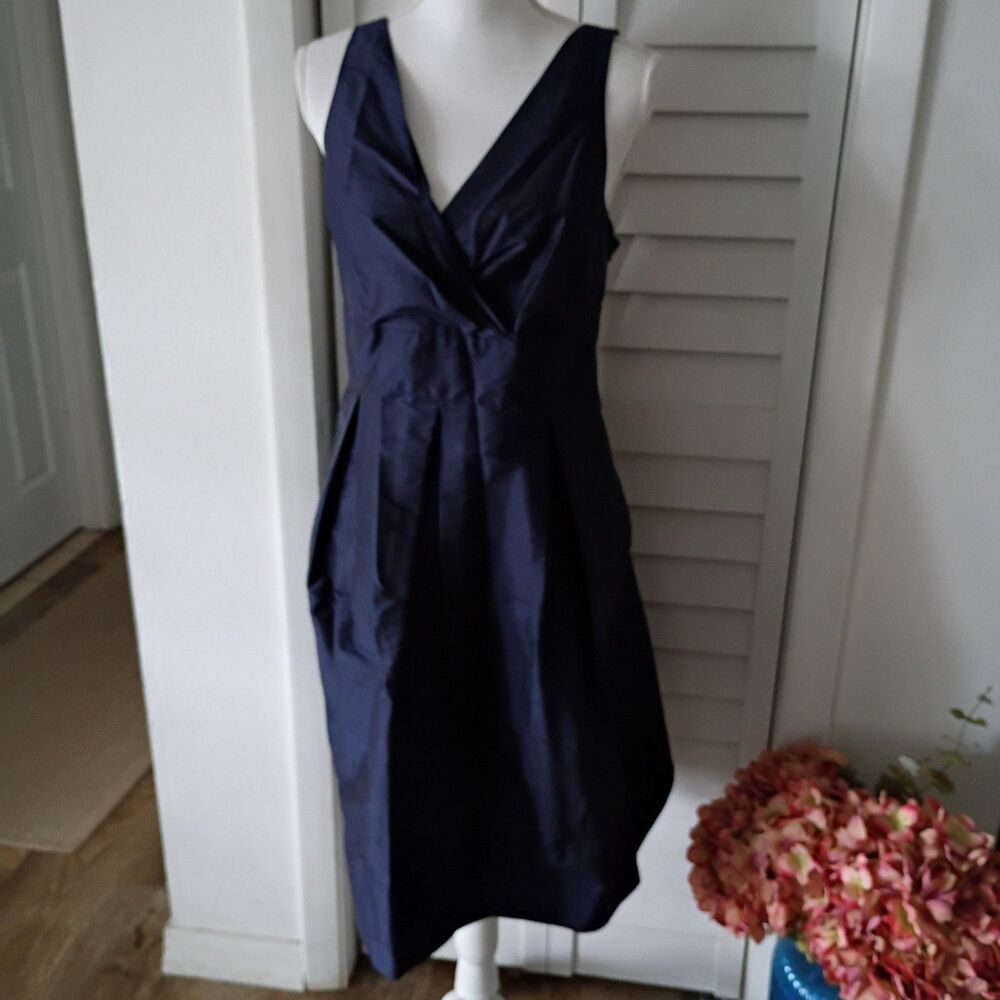 Talbots Silk‎ sleeveless Navy dress tie back criss-cross front smock back 14P